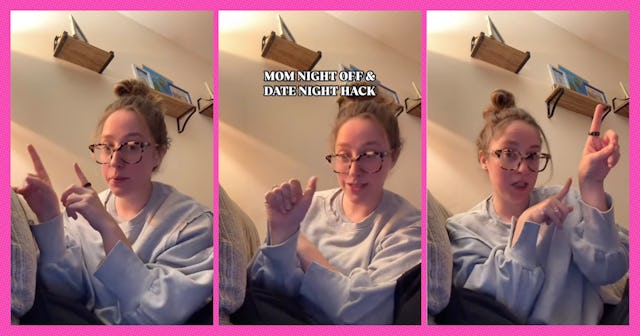 A woman with glasses and a bun sits on a couch, gesturing while sharing tips for a 'Mom Night Off' a...