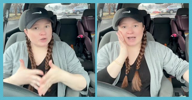 A woman with braided hair is seated in a car, gesturing with her hands and expressing emotions while...