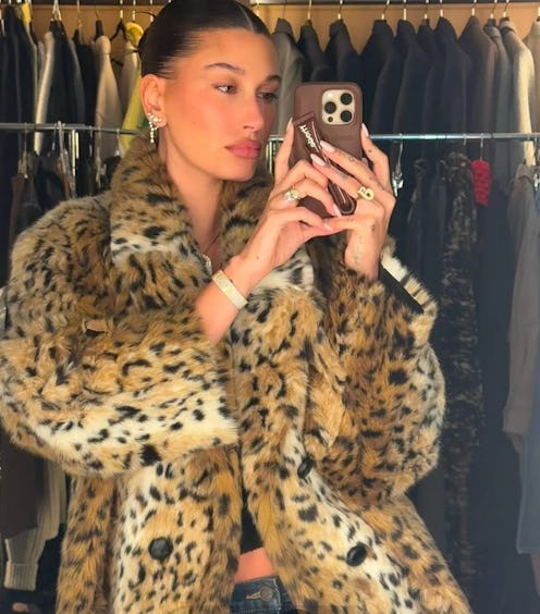 Hailey Bieber leopard coat