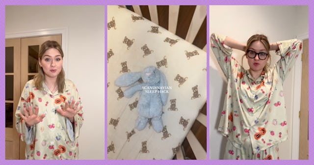 A collage of three images: a woman in pajama attire gesturing, a soft blue bunny on patterned beddin...
