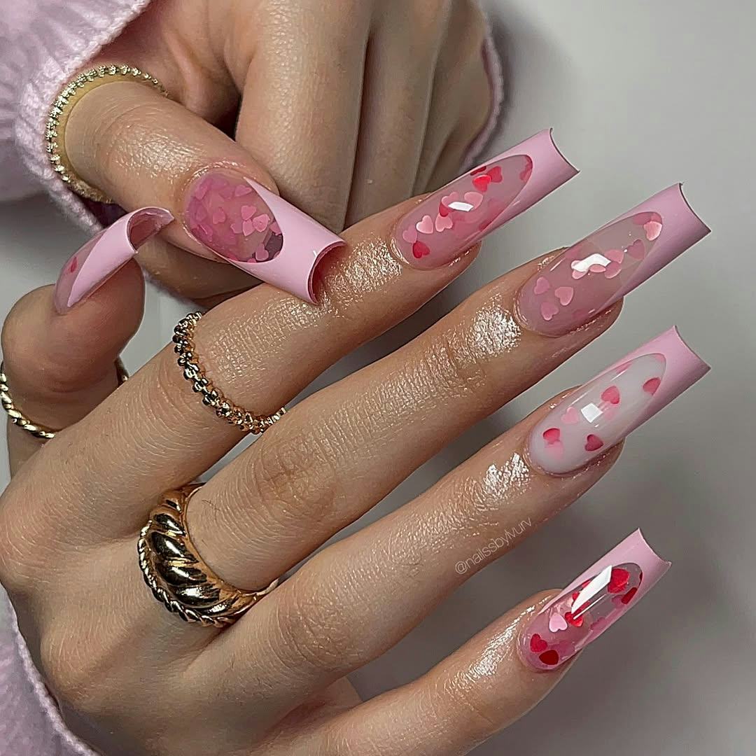 long coffin French tip nails with pink hearts