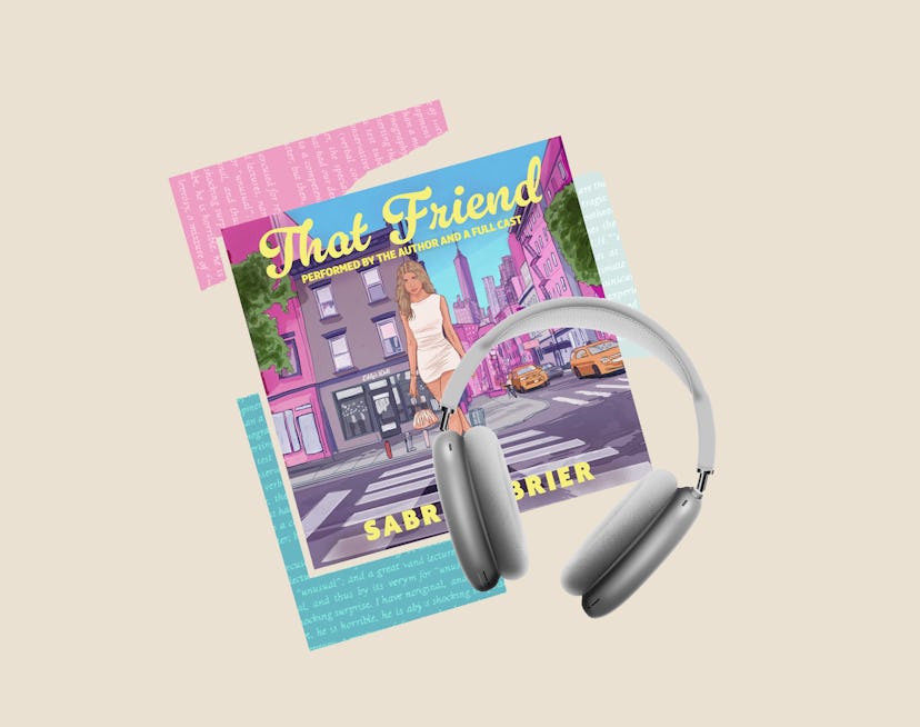 A pair of headphones next to the audiobook cover of Sabrina Brier's 'That Friend.'