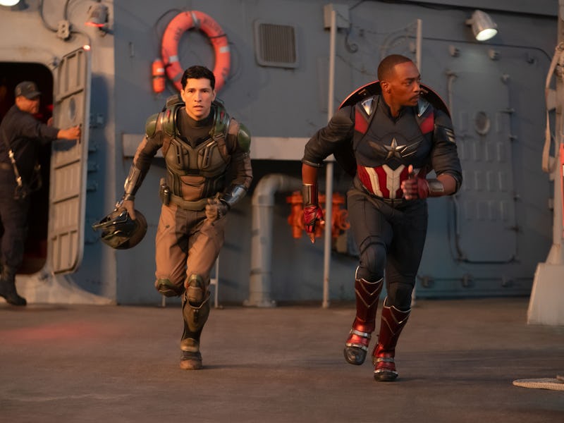 Danny Ramirez as Joaquin Torres/The Falcon and Anthony Mackie as Sam Wilson/Captain America in Capta...