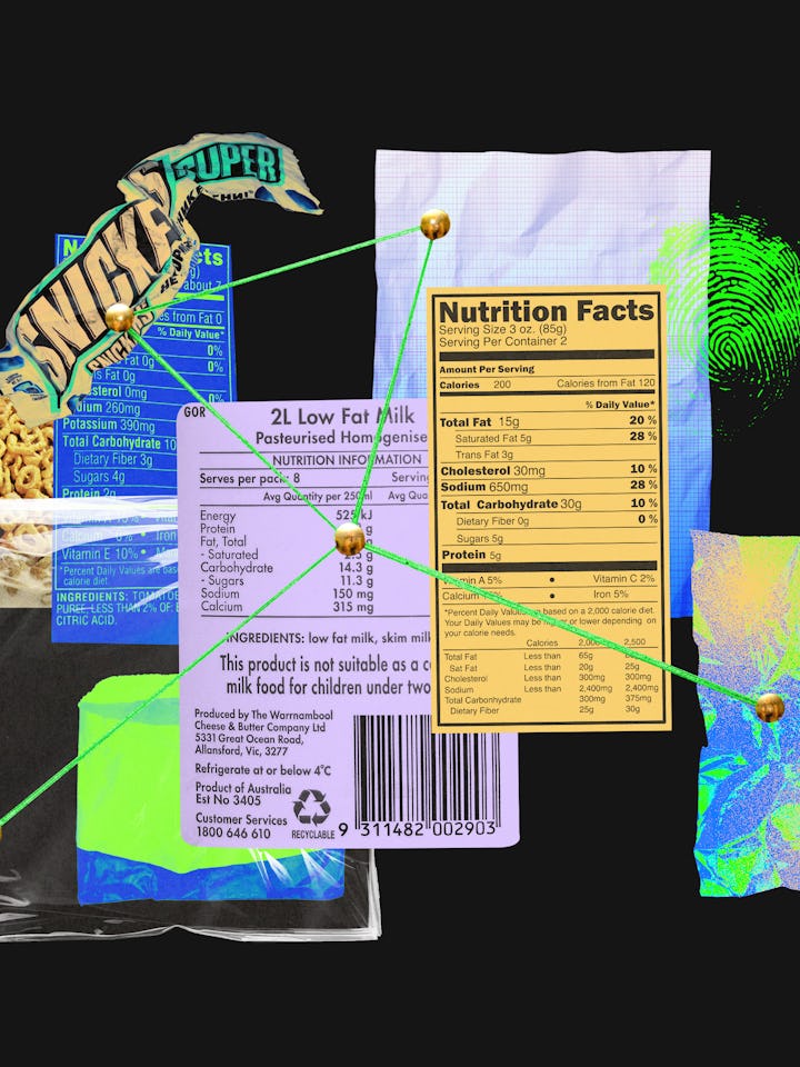 A colorful collage of food packaging includes nutrition facts labels, snack logos, and stylized back...