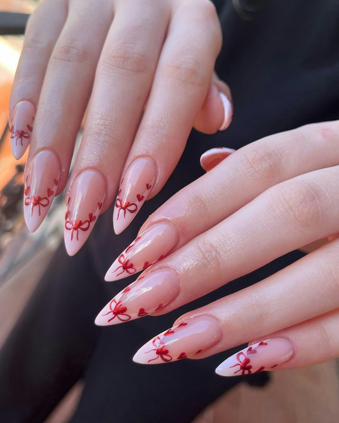 almond French manicure with ribbon and heart nail art