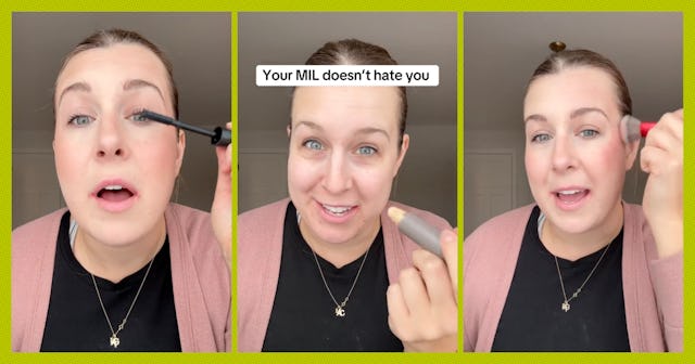 A woman applies mascara in the first image, looks directly at the camera in the second with a playfu...