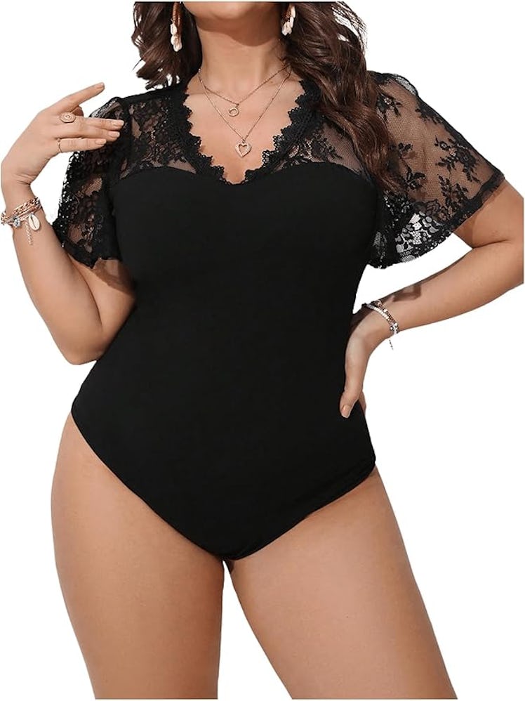 SHENHE V-Neck Lace Bodysuit