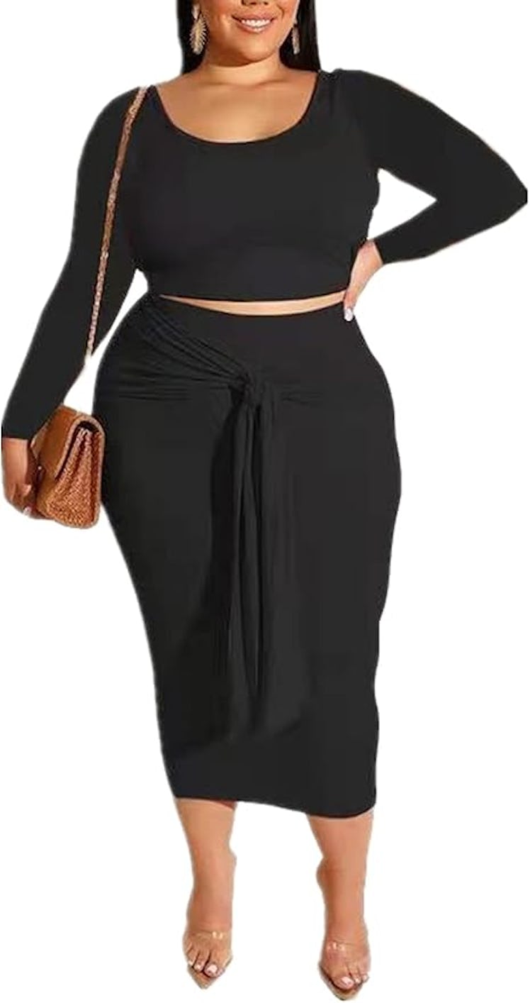 MRSFITOK  Long Sleeve Top & Midi Skirt (2-Piece)