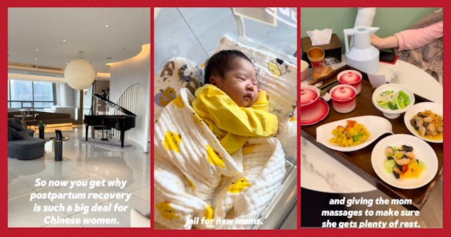 Three images depicting a postpartum hotel in China. The first is of a grand, modern-looking lobby; t...