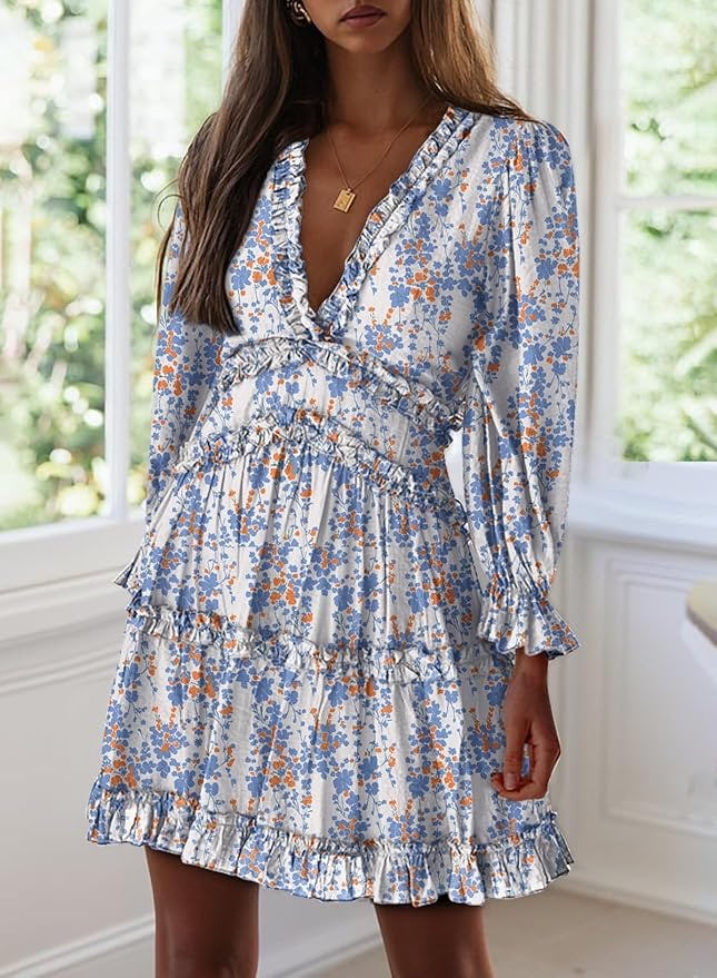 Dokotoo Deep V Neck Ruffle Mini Dress