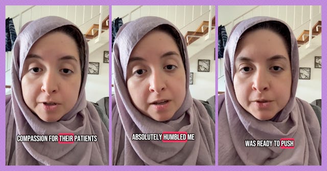 A woman in a hijab appears in three frames, expressing her thoughts about having a baby after workin...