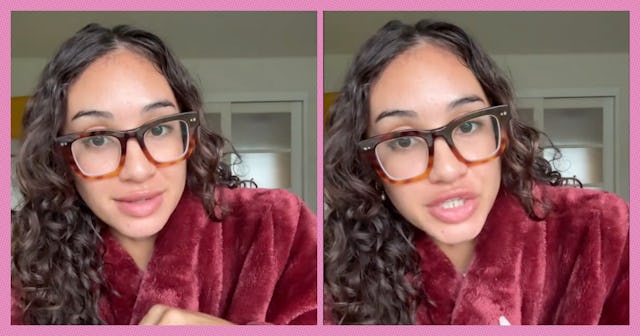 A young woman with curly hair and glasses wears a cozy burgundy robe. She is featured in two frames,...