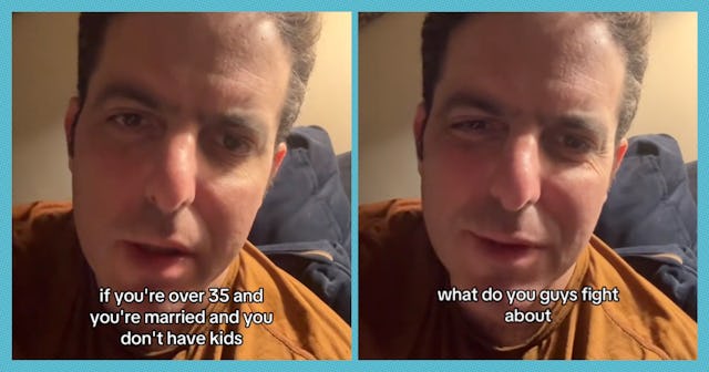 A man speaks directly to the camera, asking questions about relationships for couples over 35 who ar...