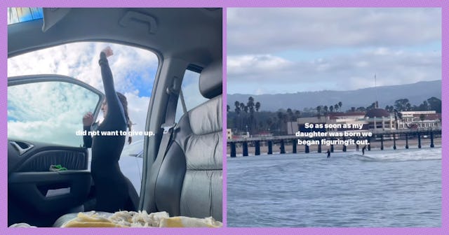 A split image shows a person stretching in a car and a coastal scene with surfers. Text overlay refl...