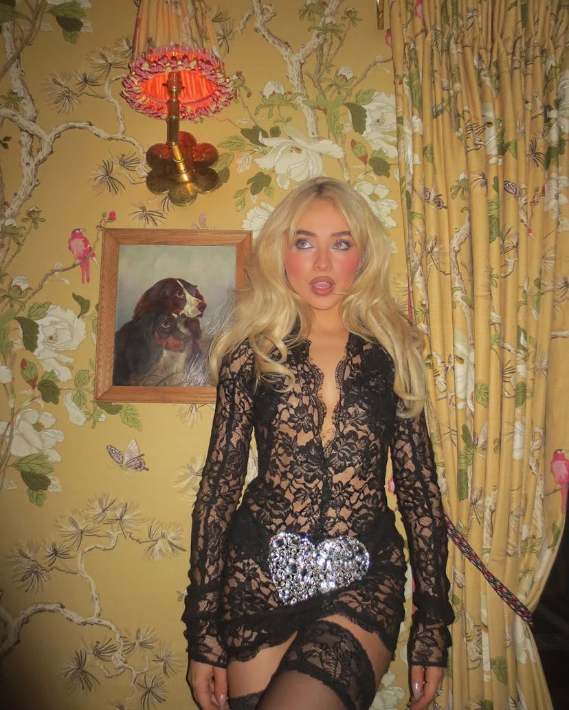 Sabrina Carpenter wears a sheer lace dress.