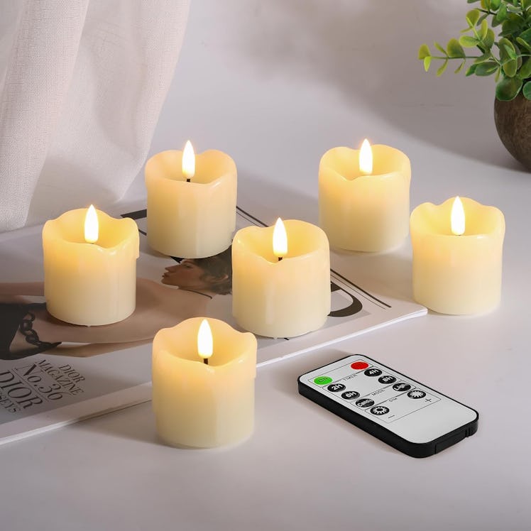 Eywamage Ivory Dripping Wax Flameless Votive Candles with Remote (Set of 6) 