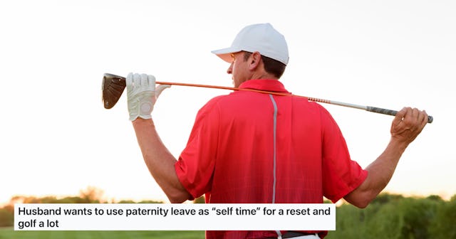A man in a red shirt and white cap stands outdoors, holding a golf club as the sun sets. Text below ...