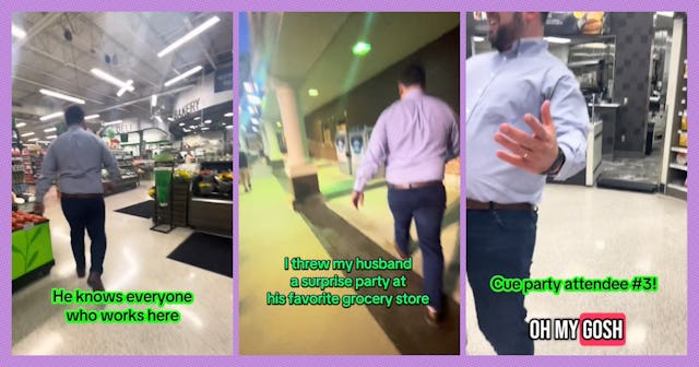 A collage of three images featuring a man walking through a grocery store. Text overlays mention he ...
