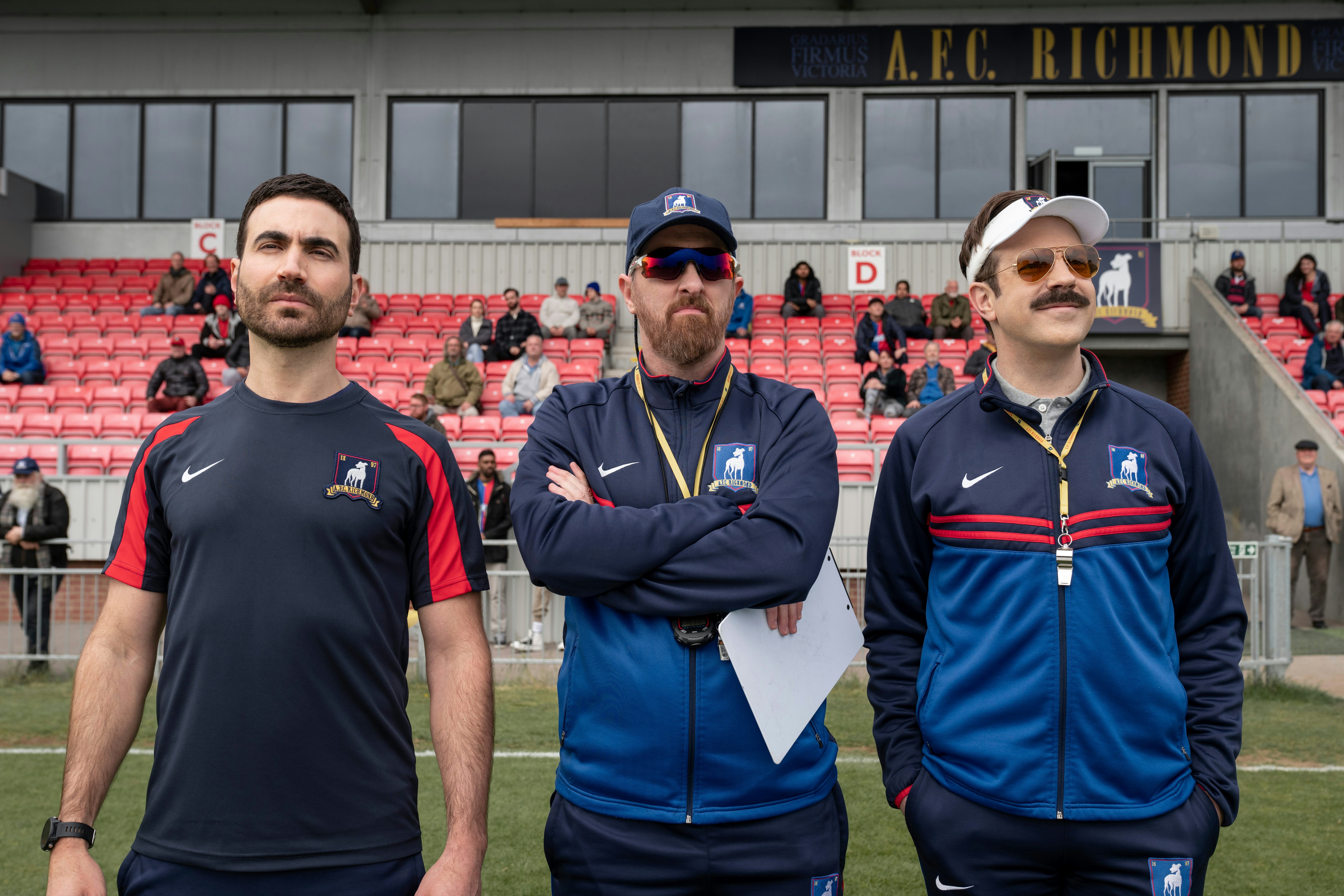 Brett Goldstein, Brendan Hunt and Jason Sudeikis in Ted Lasso. Photo via Apple TV+