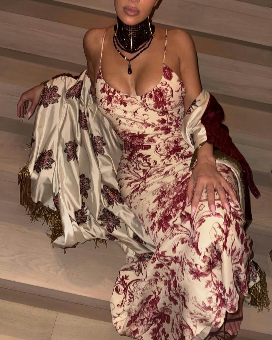 Kim Kardashian wears a floral slip dress from Dior&rsquo;s Spring/Summer 1998 collection.