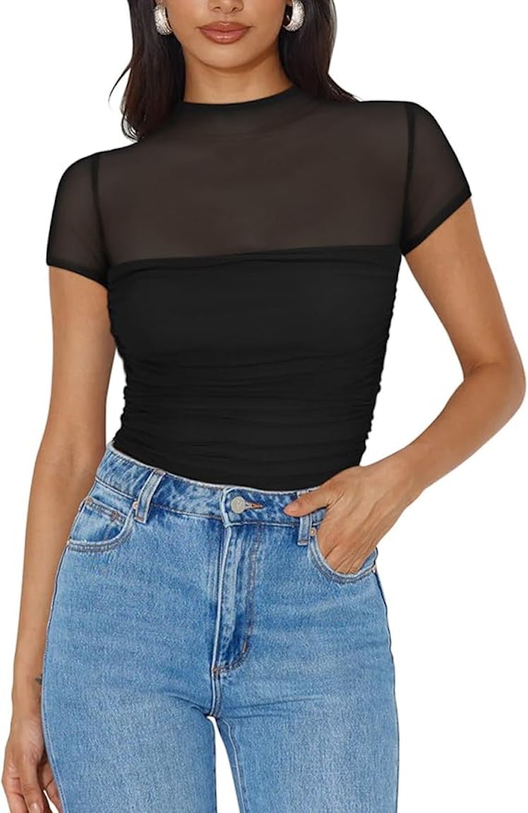 REORIA Mesh Mock-Neck Bodysuit