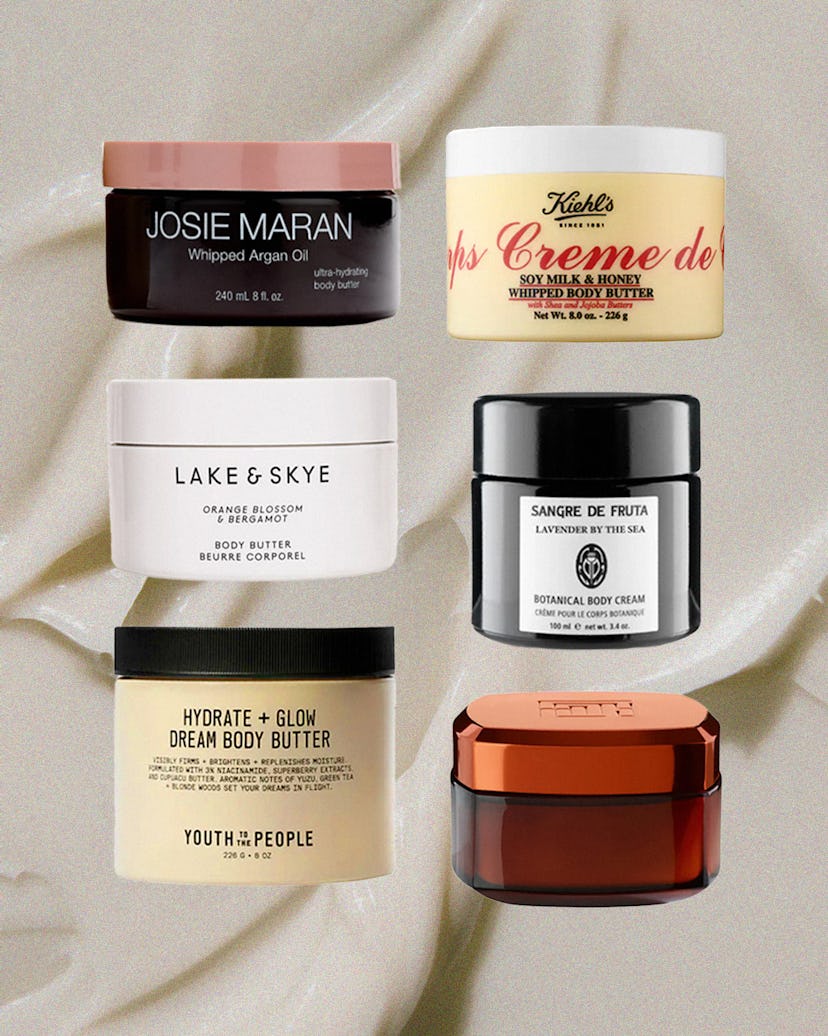 A collage of body butters