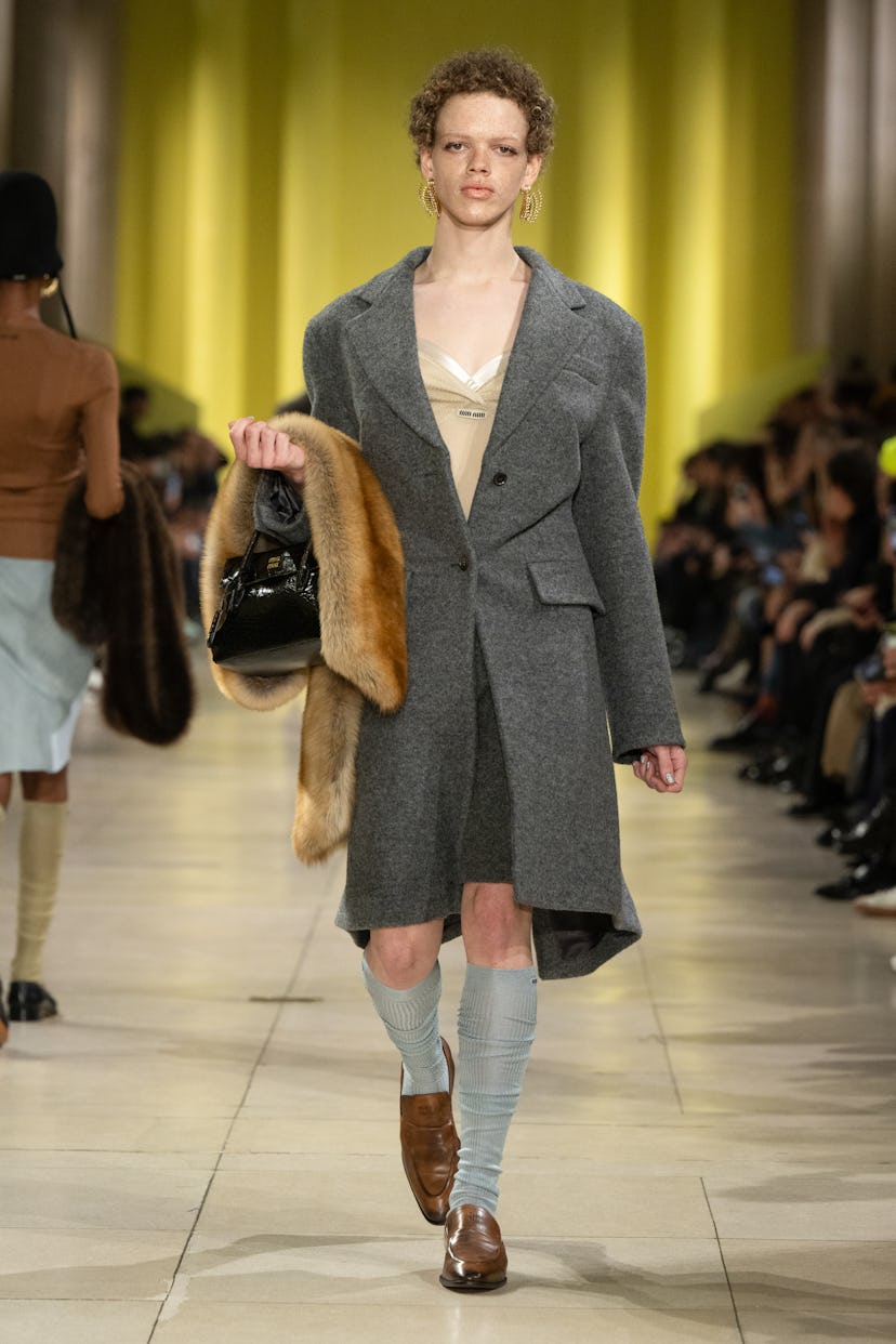 A model on the runway at the Miu Miu Fall RTW 2025 fashion show as part of Paris Fashion Week held a...