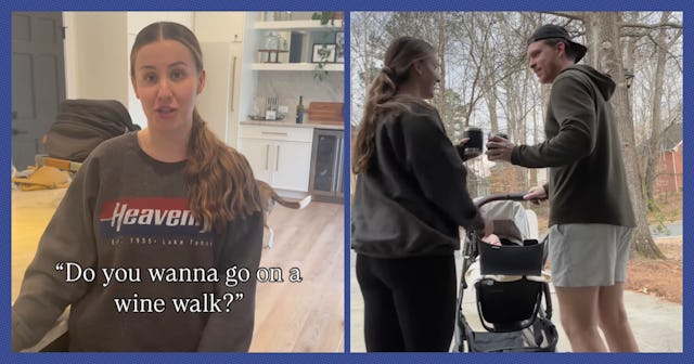 A split image: on the left, a woman in a cozy sweatshirt asking about a "wine walk". On the right, a...