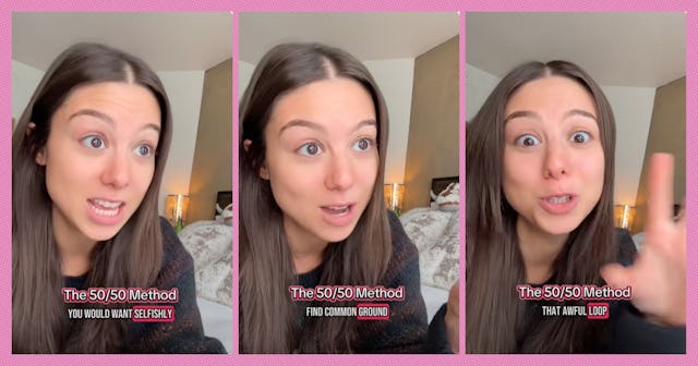 Three images of a woman speaking passionately, sharing tips on the "50/50 Method." She gestures expr...