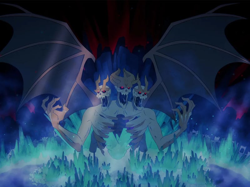 A dark, mystical scene features a large, three-headed creature with bat-like wings, set against a ba...
