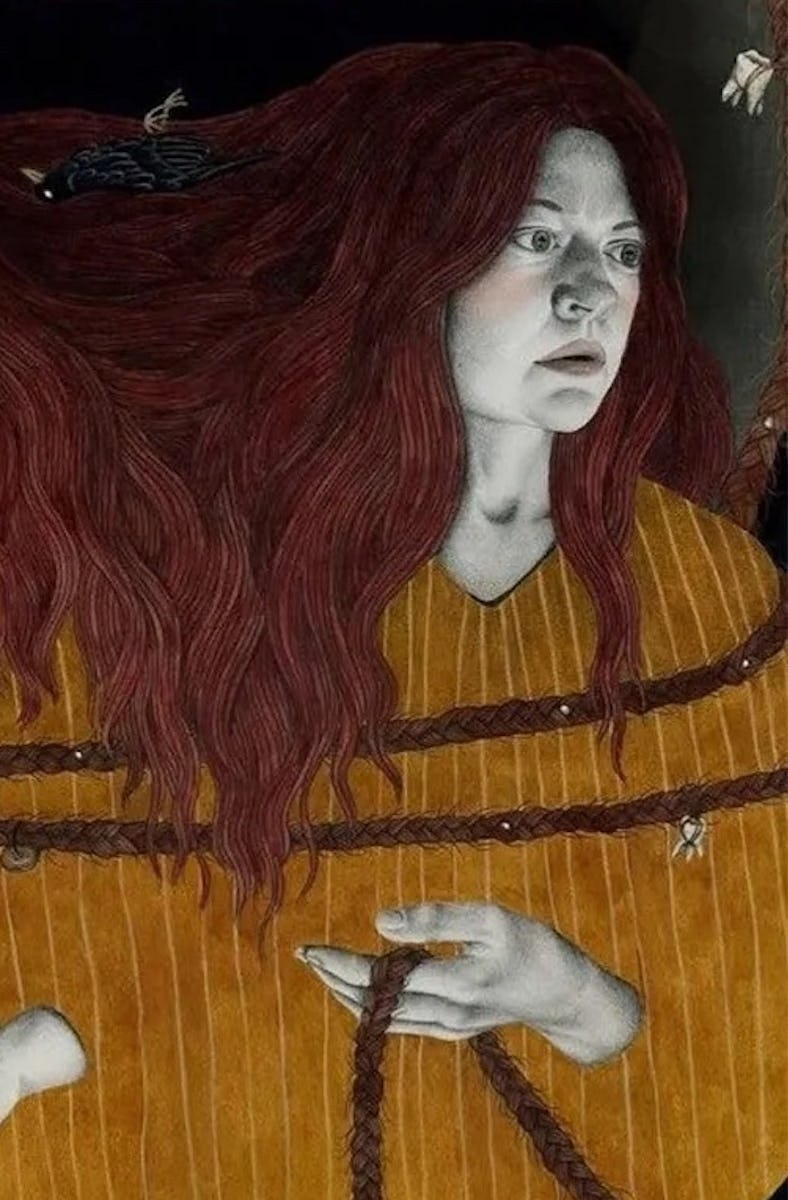 Two women with long, flowing red hair are intertwined, wearing yellow garments, and appearing contem...