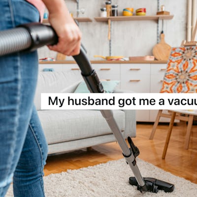 A woman, depicted from the waist down at a low angle, vacuums a living room with the words "My husband got me a vacuum for my 50th" over the image.