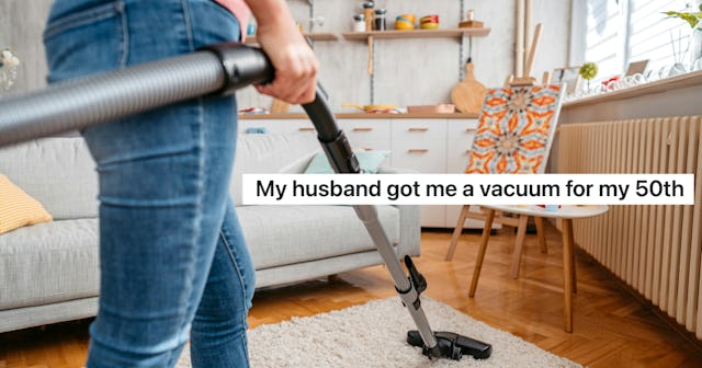 A woman, depicted from the waist down at a low angle, vacuums a living room with the words "My husba...
