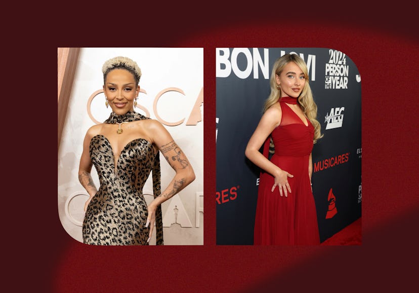 Doja Cat and Sabrina Carpenter wearing reverse shawls on the red carpet in 2025.