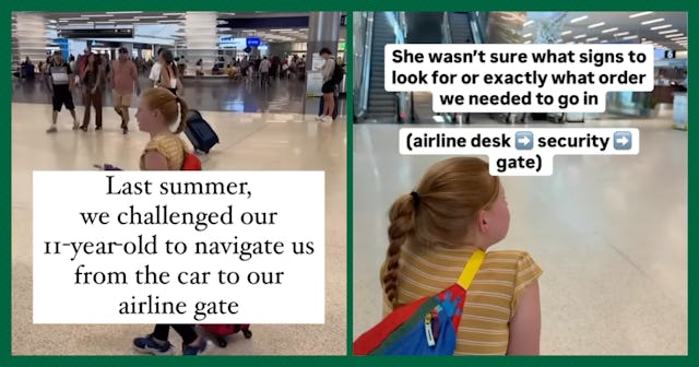 A young girl with auburn hair, wearing a yellow shirt and backpack, walks through a busy airport. Te...