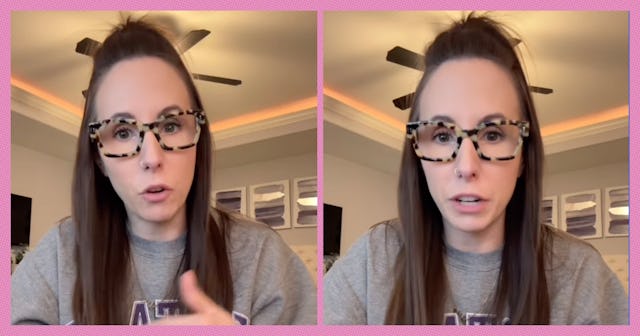 A woman with long brown hair and distinctive patterned glasses speaks animatedly in a home office se...