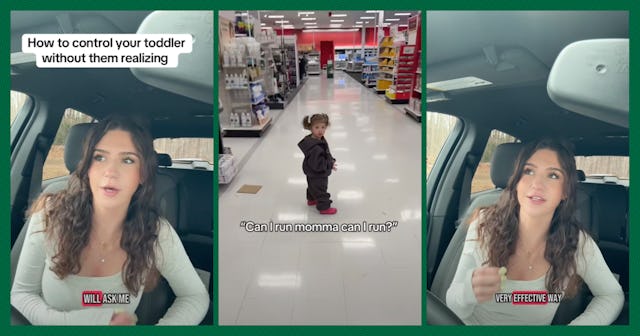 A split image showing a woman in a car speaking to the camera, a toddler in a store aisle asking to ...