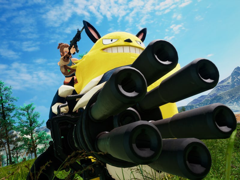 A player rides atop an Electric Pal carrying a gatling gun