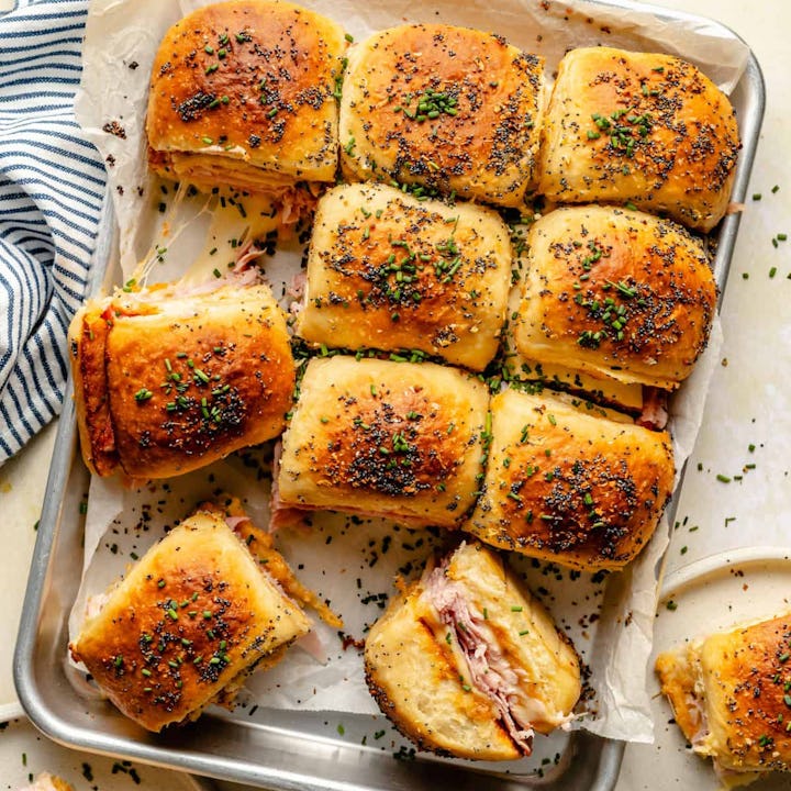 Ham and cheese sliders on a sheet pan, an easy leftover ham recipe.