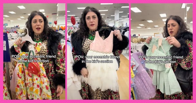 A woman in a colorful outfit stands in a store's kids' section, holding up various dresses with a pl...