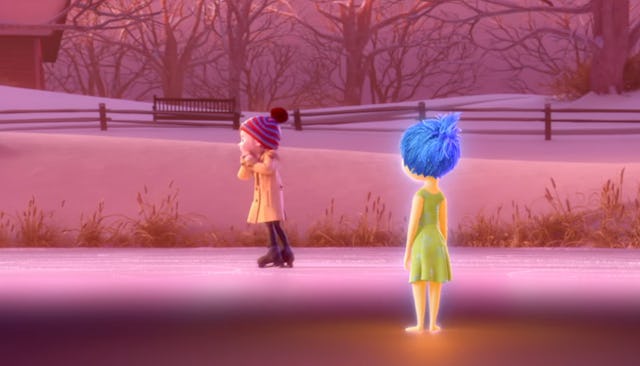 A scene from 'Inside Out' in which Riley, in a dream, ice skates at sunset as Joy looks on wistfully...