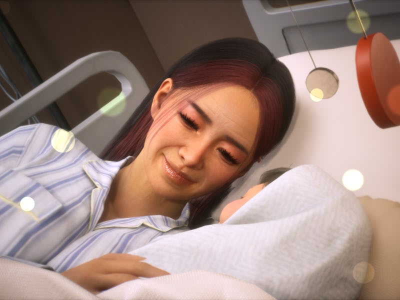A woman smiles gently as she gazes at a swaddled baby in a hospital bed, surrounded by soft lighting...