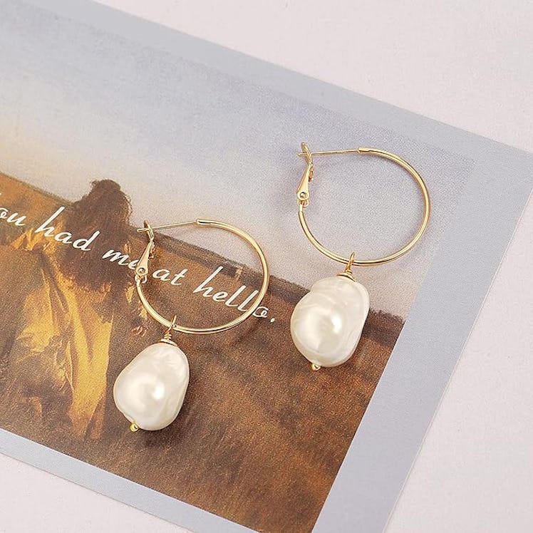 PEARLADA Gold Freshwater Pearl Drop Hoop Earrings