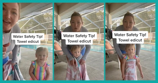 A swim instructor offers a safety tip about towels.