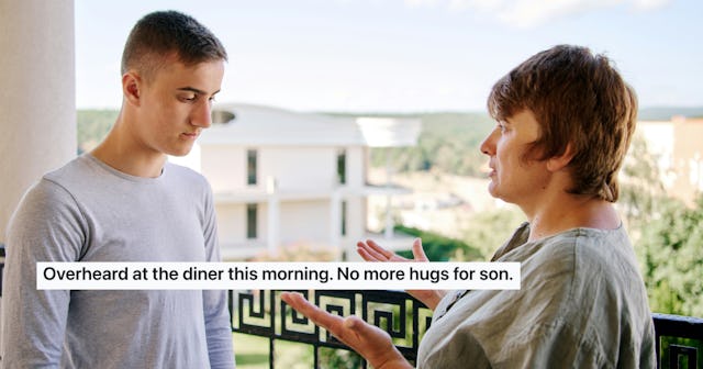 A woman gestures while speaking to a teenage boy on a balcony. The background features green hills. ...