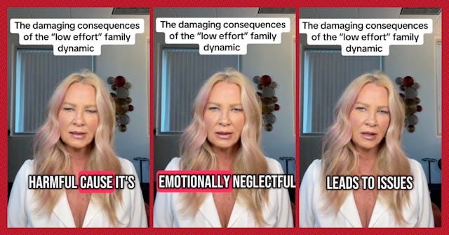 A woman with long, wavy blonde hair appears in three frames, discussing the negative impacts of a "l...