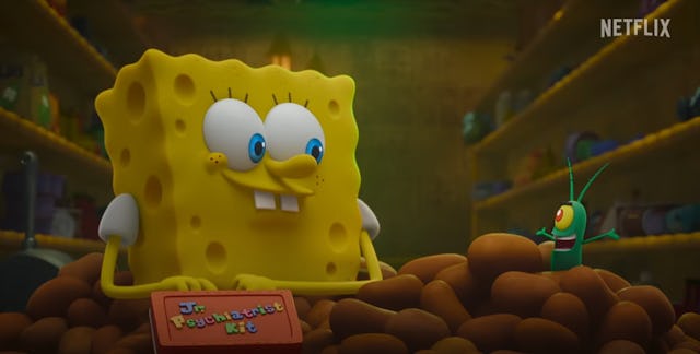 Screenshot of spongebob and plankton from plankton: the movie, new on netflix this march.