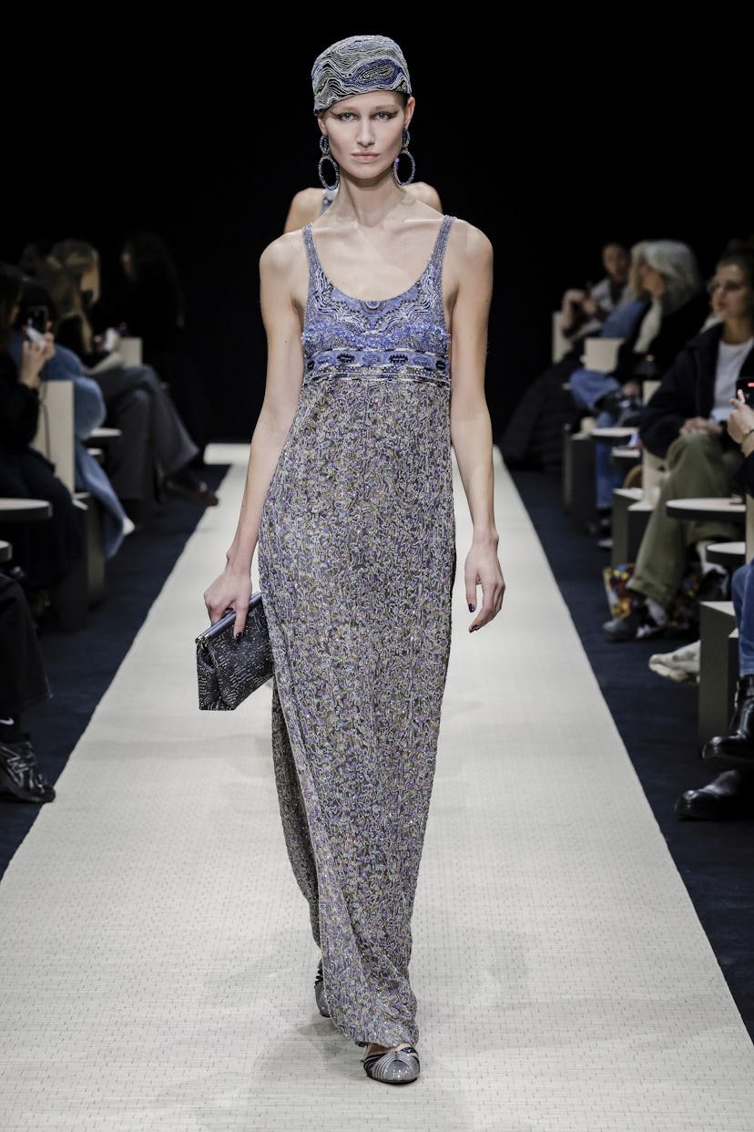 A model walks the runway during the Giorgio Armani Ready to Wear Fall/Winter 2025-2026 fashion show ...