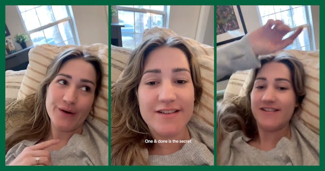 A woman is seen in three frames, lounging on a couch with a cozy blanket. She smiles and engages the...