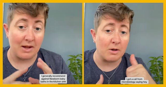 A person with short hair gestures while discussing baby baths, with text overlay about their recomme...